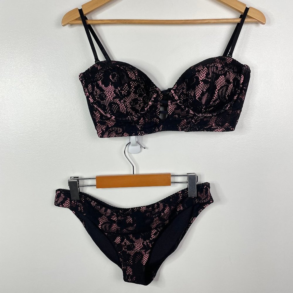 Bond-Eye Australia Black Pink Lace-Effect Bikini Set Coquette Luxury Feminine